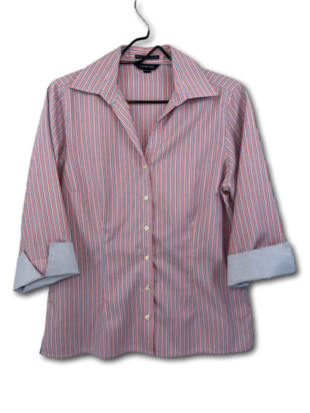 Lands' End Women's Shirt Button Up No Iron Pinpoint Oxford Size 10 Pink White
